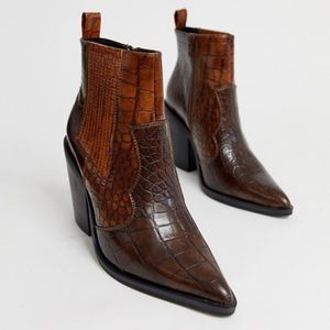 western ankle boots in brown croc